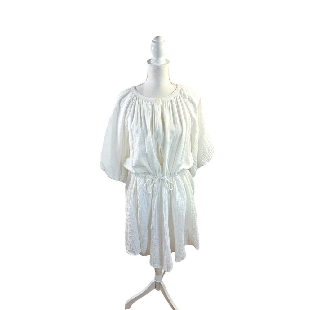Old Navy Ladies Dress 100% Cotton XL Gauzy White Lines Puffed Sleeves